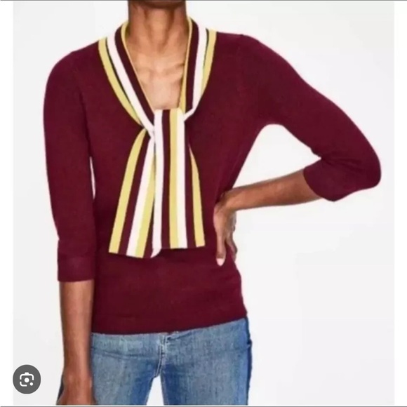 Boden Sweaters - Boden Women’s Burgundy 3/4 Sleeve Sweater with Striped Scarf Collar